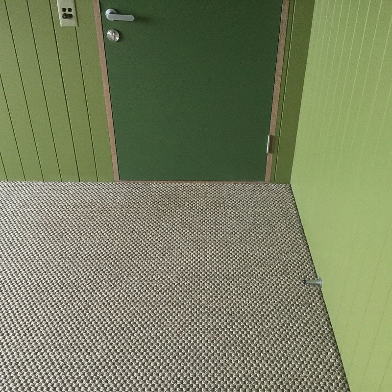 A green door and walls complement a textured, heavy rustic sisal carpet; a small metal bracket sits in the bottom right corner.