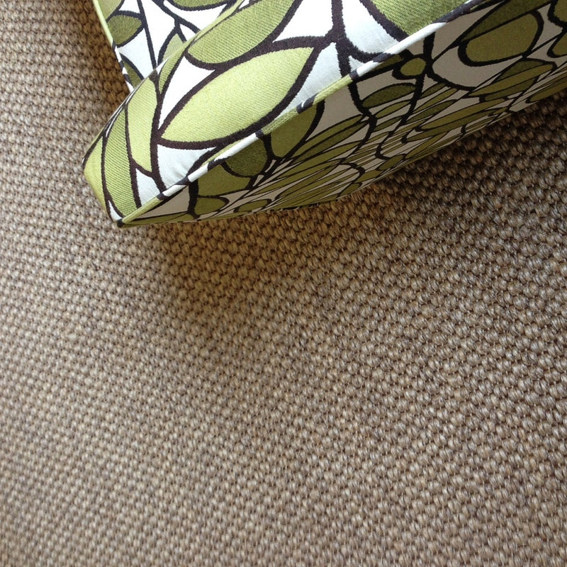 A green and white cushion sits on a textured sisal rug with a river rock pattern, styled in an inviting, natural interior setting.