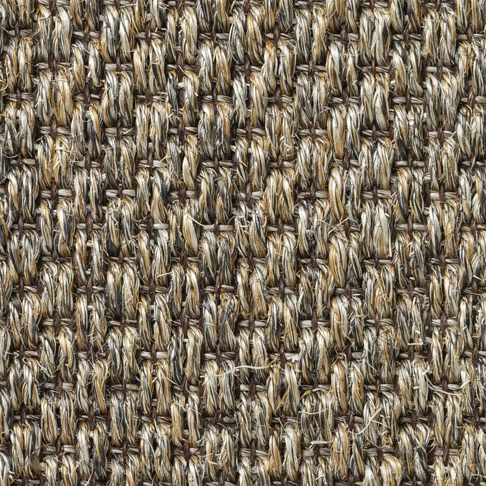 Detailed view of tan and brown sisal fibers in a refined basketweave, highlighting natural texture and artisanal quality.