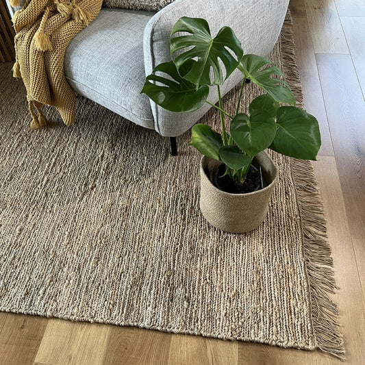 A glossy monstera in a terracotta pot rests on a textured jute rug beside a soft grey sofa draped with a yellow throw.