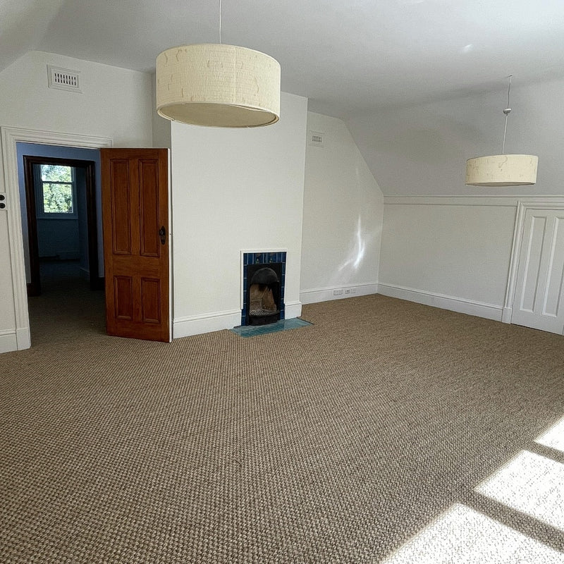 Sunlit living space featuring a woodland sisal rug, elegant lighting, wood fireplace, and natural timber door in a styled interior.